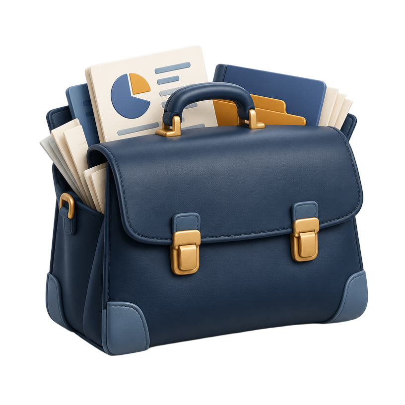 3D agency briefcase overflowing with reports